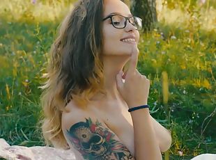 glasögon, utomhus, brudar, hardcore, gruppknull, par, naturlig, skog, tatuering