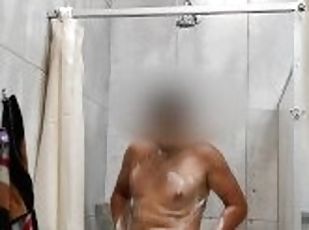 bañando, masturbación, público, amateur, chorro-de-corrida, gay, paja, pajeándose, ducha, a-solas