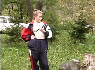 Her Natural Tits Swing as He Pounds Her Doggystyle