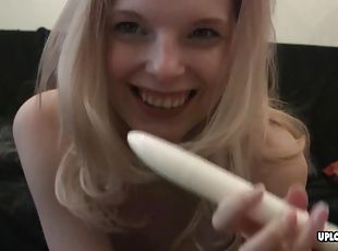 Blonde teen spreads her legs and masturbates with a sex toy in vari...