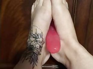 Foot fetish lubed up pink dildo