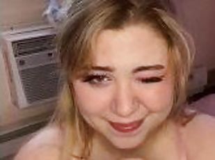 18 years old chubby teen girl with big tits sucks on dildo and give...