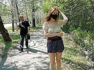 Hot teen walks without panties and flashes tits and bare butt to st...