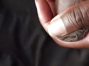 Milking precum from a black ebony mushroom cock with veiny close up...