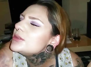 Hot tattooed amateur chick sucking a cock and his balls until he cu...