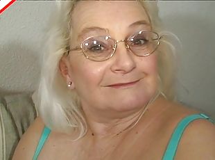 Grandma plays with her tits and cunt before giving head