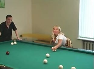 He beats the big tits milf at pool and gets to fuck her as his prize