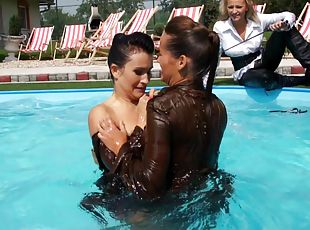 Three ardent lesbians do it live right inside the pool as they fondle each other