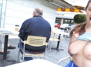 Funny chick likes to flash her tits and ass in public