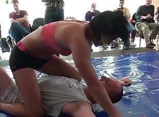 mixed wrestling competition - fit brunette kicking ass