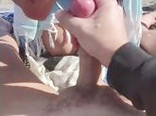 publik, amatör, avsugning, cumshot, par, strand, pov, sprut