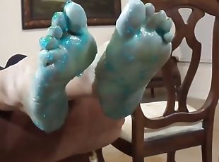 Licking jelly from feet  feet fetish