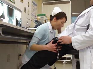 A beautiful Japanese nurse gives a blowjob to a doctor