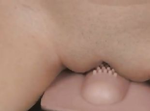 Brunette in fishnet outfit orgasms riding a sybian