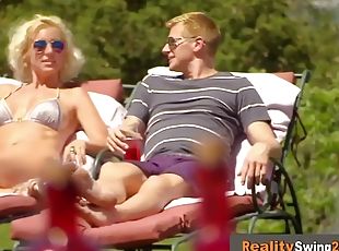 Swingers open up their legs and pants to welcome this amateur coupl...