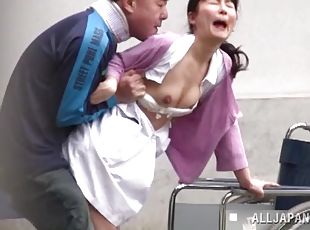 Wild Japanese nurse gets fucked by old man outdoors
