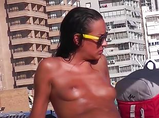 amatoriali, ragazze-giovani, videocamera, spiaggia, voyeur, tettine, topless