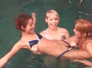 Pool lesbian fun with naked playful Natasha