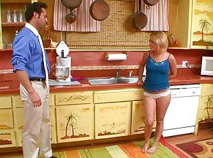 Lovely blonde honey rides on a pulsating shaft in the kitchen