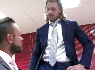 Bearded businessman Logan Moore fucked hard after hot blowjob