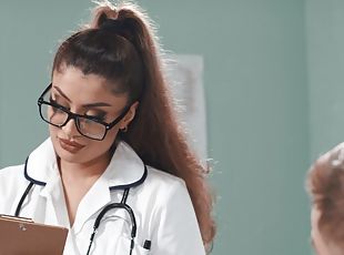 okulary, pielęgniarka, gwiazda-porno, para, uniform, ssanie