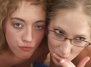 Michelle Strack and Sarah Sweet give double blowjob to lucky guy