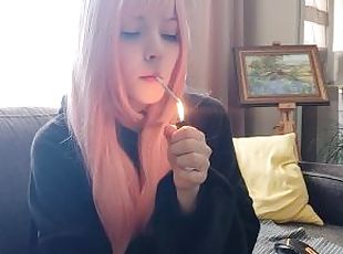 Beautiful Pink Hair Egirl Smoking in black pyjama (full vid on my M...