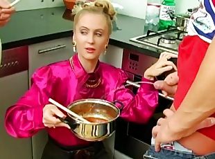 Dirty European blondes using a man's piss in the kitchen
