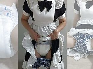 Crossdresser Wearing a Maid Dress and a Thick Diaper and Jerking of...