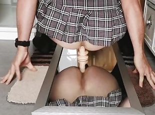 Sissy riding her favorite dildo wearing a lovely short schoolgirl s...