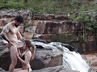 Blonde With Big Natural Breasts Makes Risky Public Sex In A Public Waterfall