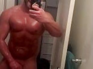 Step brother gets covered in oil, jerks off before showering with s...