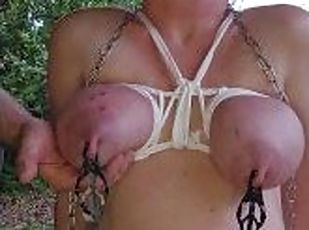 Daddy tortures my purple roped up tits behind the shed