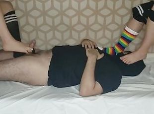 My sister and I are playing our stepdad after school with footjob a...