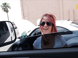 Pierced redhead Alessa Snow enjoys MMF threesome sex in a car