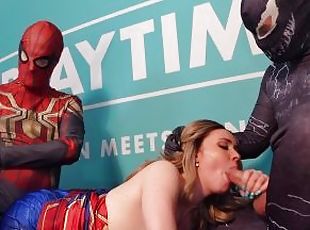 PLAYTIME Cosplay Captain Marvel BLOWS Venom and Spiderman (DOUBLE CUMSHOT)