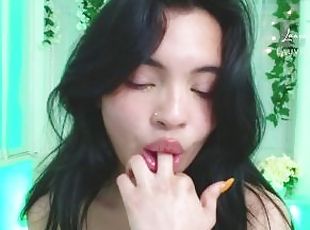 sexy kawaii girl is teasing with her mouth, sloopy saliva play, suc...