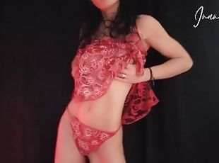 slim MILF in red lingerie slowly moves and touches herself while do...