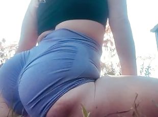 Stretchy flexible pawg country girl stretches and strips outside on...