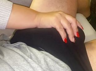 My stepmom comes to drink coffee and strokes my cock,fantastic hand...