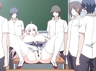 gros-nichons, masturbation, fête, public, écolière, collège, horny, anime, hentai, gros-seins