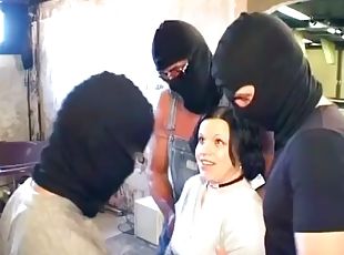 Slutty brunettes gangbanged by robber as she catches them in action