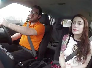 Redhead driving student fucks her instructor in the car