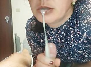 Please don't tell anyone ! MILF Stepmom Housewife Blowjob with Cum in Mouth to help his Stepson