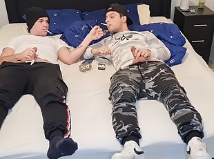Gay couple smoking, kissing, wanking their big dicks, blowing and c...