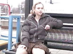 Bold teen exhbitionist flashes her tits and pussy on the train