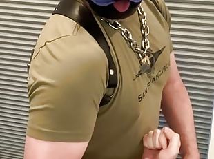 Beefy muscle pup jerks off his thick uncut balls