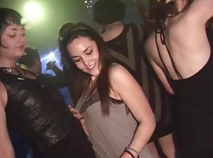 Endearing babes with small tits showcasing her shaved pussy in the club party