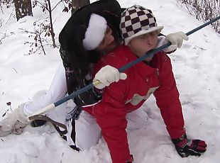 Brunette babe Naomi gives head in the snow and fucked hardcore