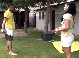 Outdoors sports quickly develops into fucking on the front lawn